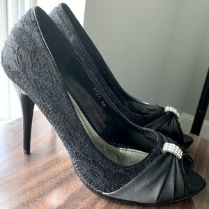 Black stilettos w/ black lace and jewel detailing